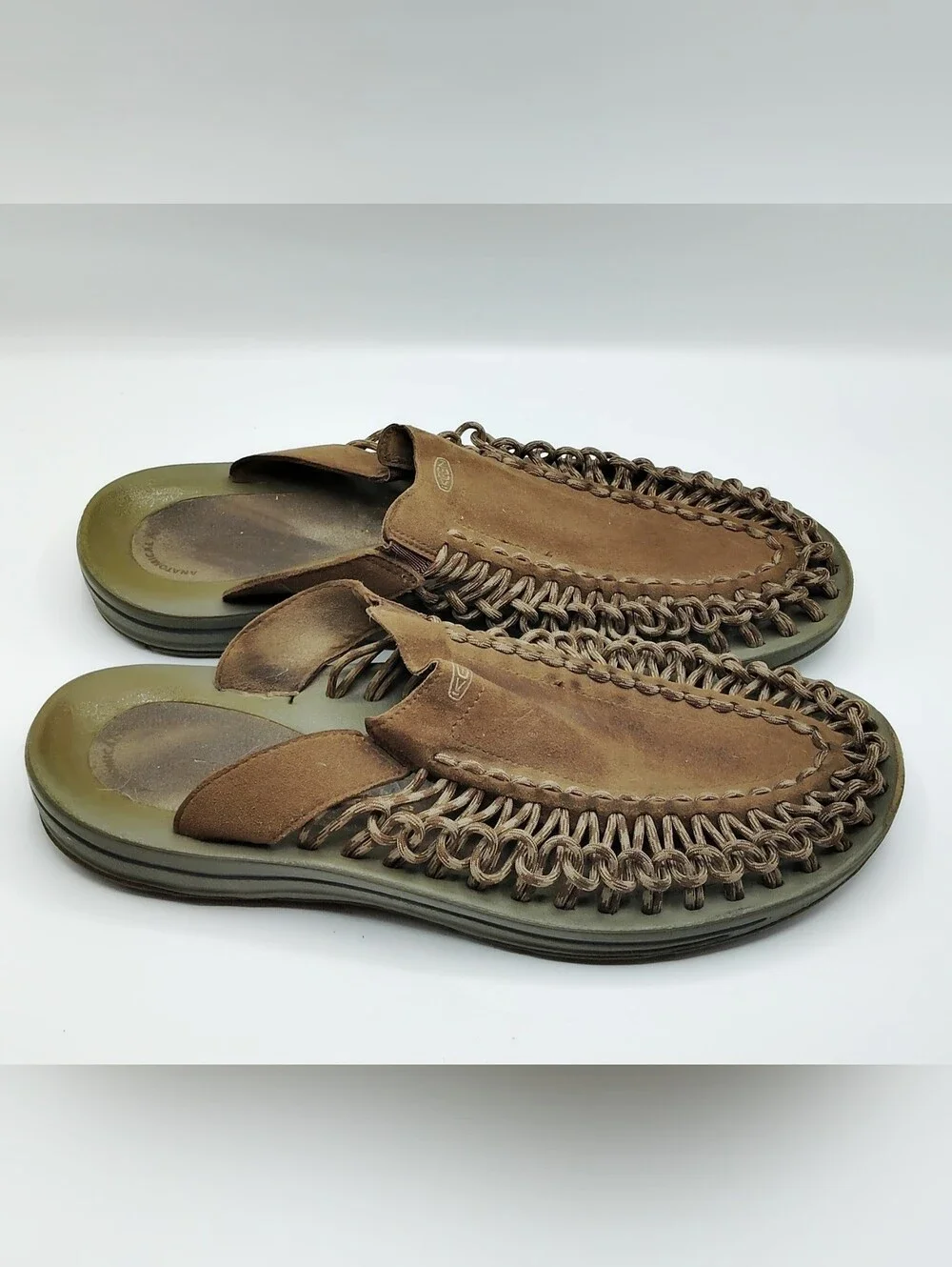 Keen Brown Braided Leather Slide Sandals with Olive Footbed